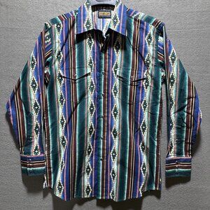 Panhandle Slim Shirt Mens Medium Aztec Southwestern Print Pearl Snaps Vintage